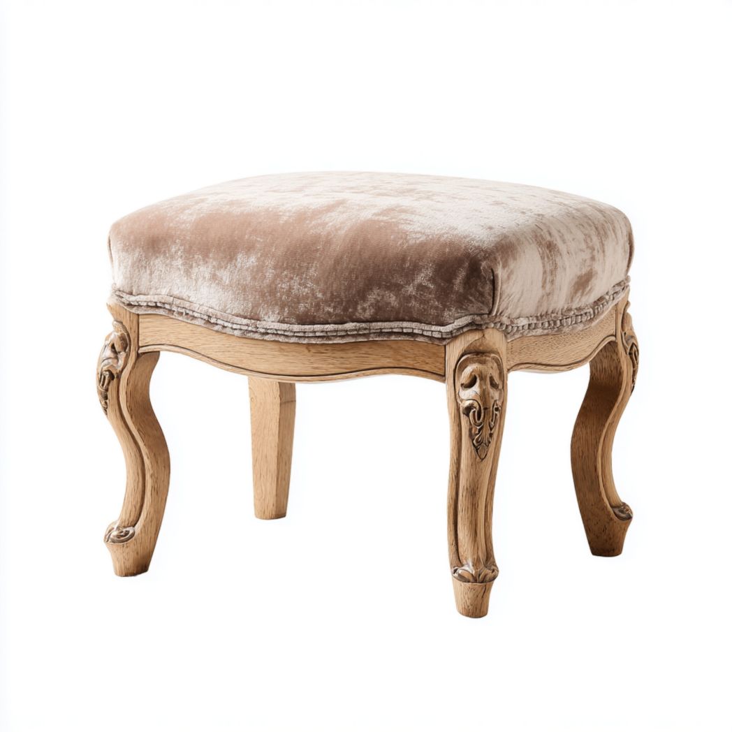 Tabouret rond avec assise en tissu beige brun et pieds en bois sculptés