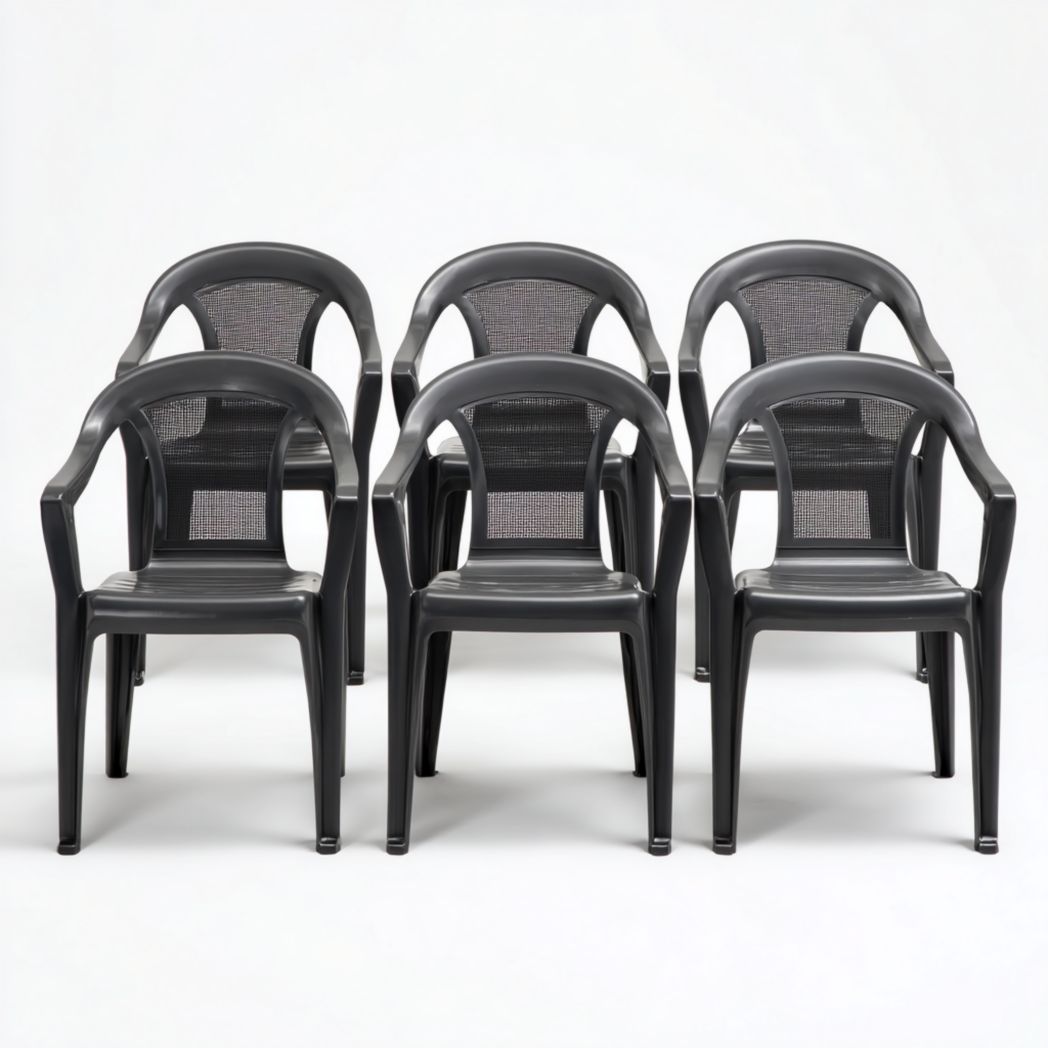 Lot de fauteuils de jardin, plastique noir, dossier arrondi sans coussin, ensemble de six