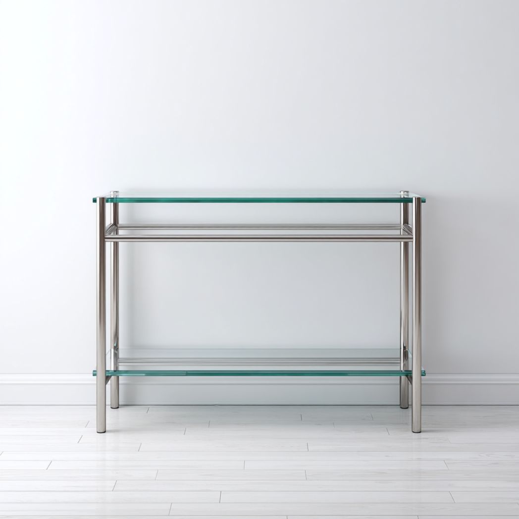 Console rectangulaire à deux niveaux en verre trempé et structure métallique argentée