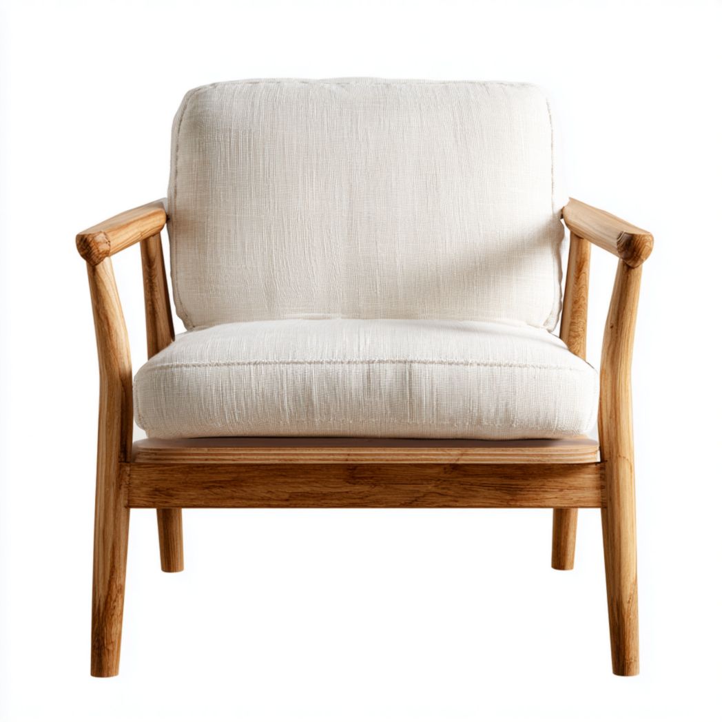 Fauteuil en bois massif avec coussins en tissu blanc cassé