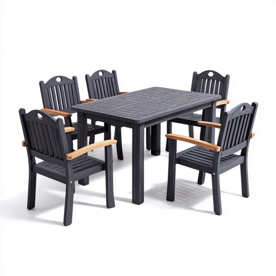 Ensemble de jardin en résine gris foncé, table rectangulaire et 5 fauteuils avec accoudoirs bois