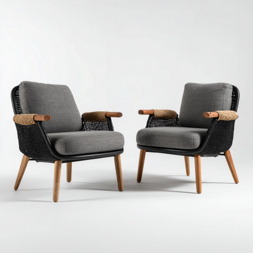 Fauteuil de jardin, assise grise, structure noire, pieds en bois, ensemble de chaises doubles