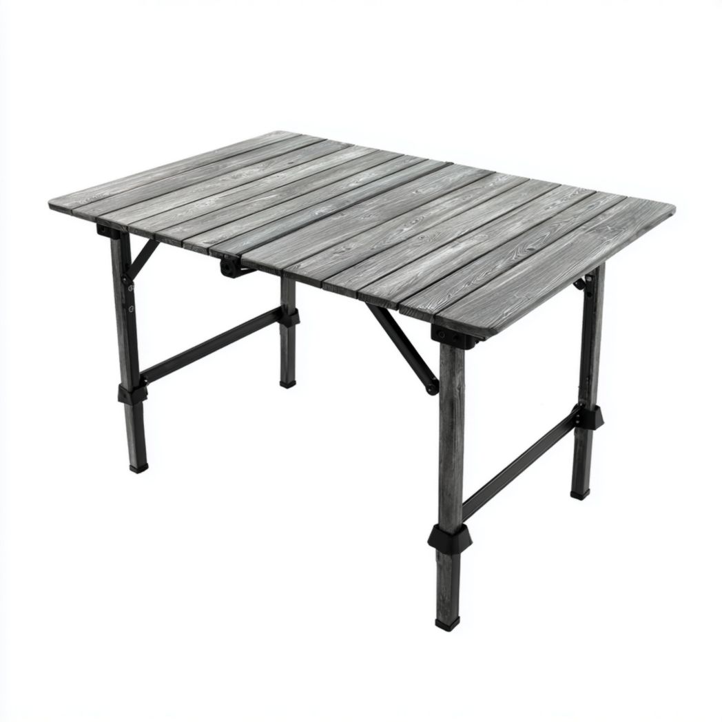 Table de jardin, plateau rectangulaire à lattes effet bois gris + structure pliante en métal noir