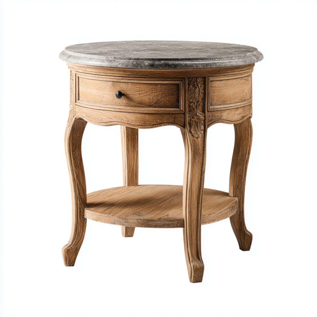 Table d’appoint ronde en bois massif avec plateau en marbre gris, tiroir et tablette inférieure