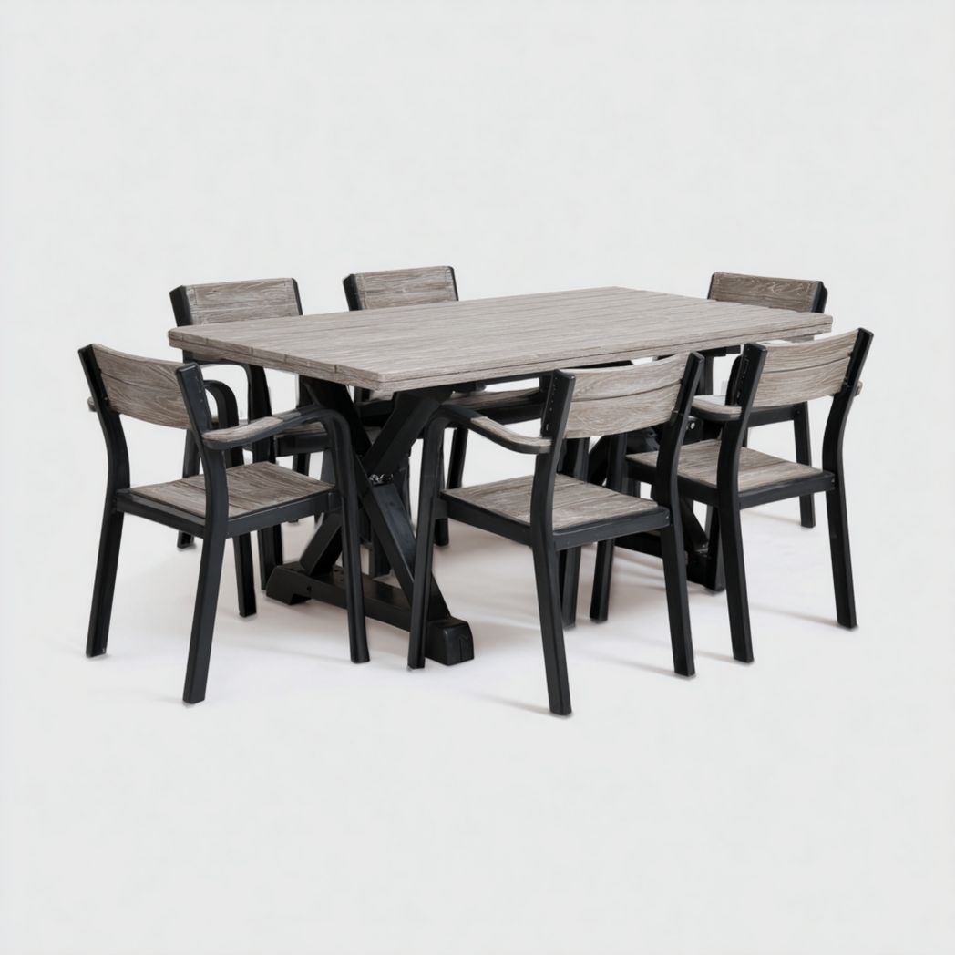 Ensemble de jardin en résine gris, table rectangulaire et 6 chaises sans coussins