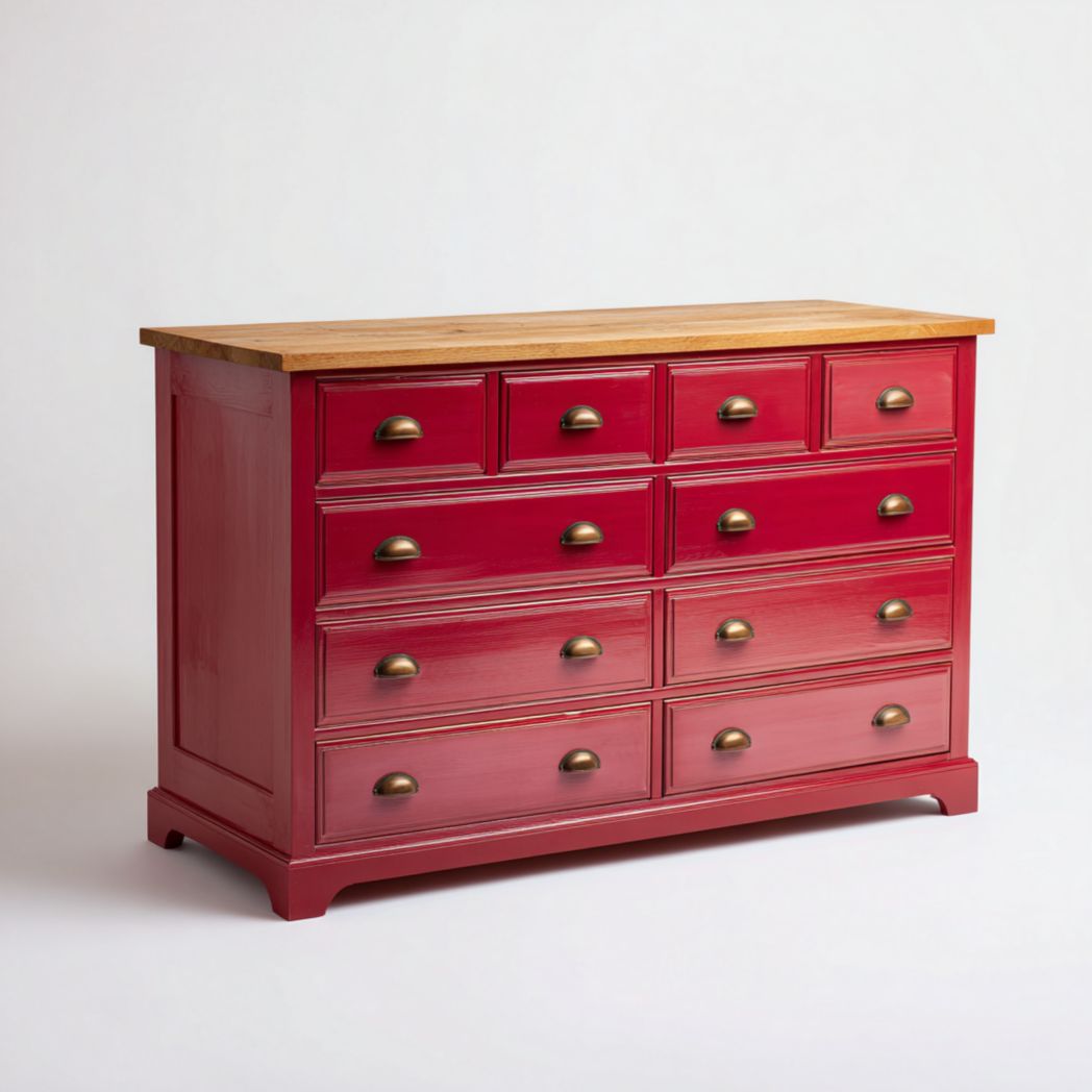 Commode en bois massif, corps de meuble rouge et plateau en bois, design à dix tiroirs