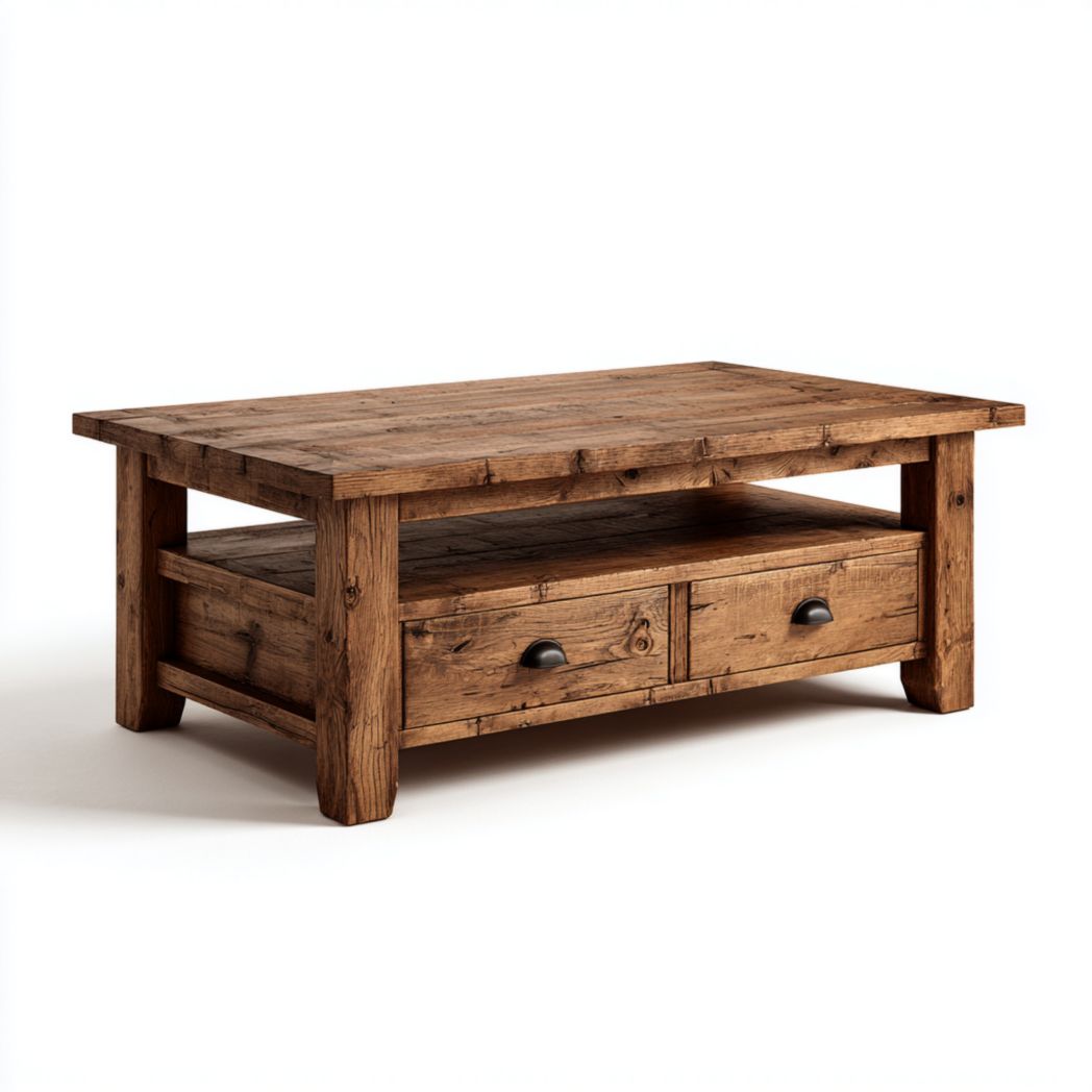 Table basse rectangulaire en bois massif avec deux tiroirs et étagère ouverte