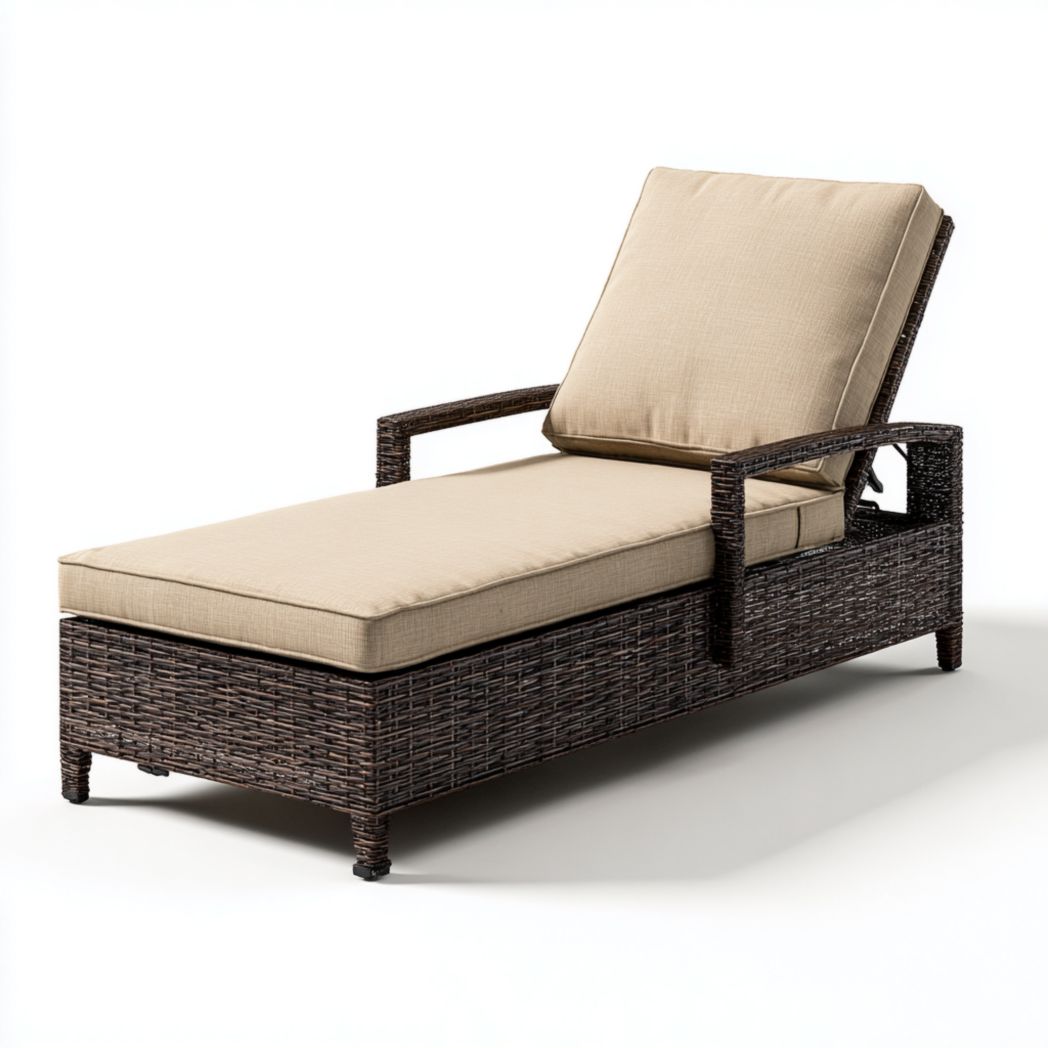 Bain de soleil en rotin, structure marron avec coussin beige
