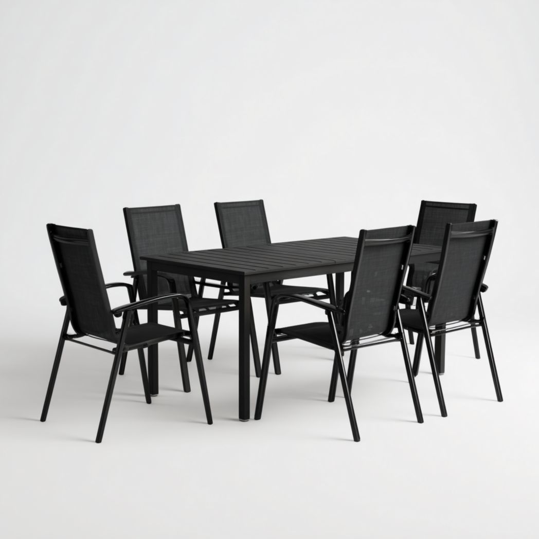 Ensemble de jardin en aluminium noir, 1 table rectangulaire avec 6 chaises sans coussin