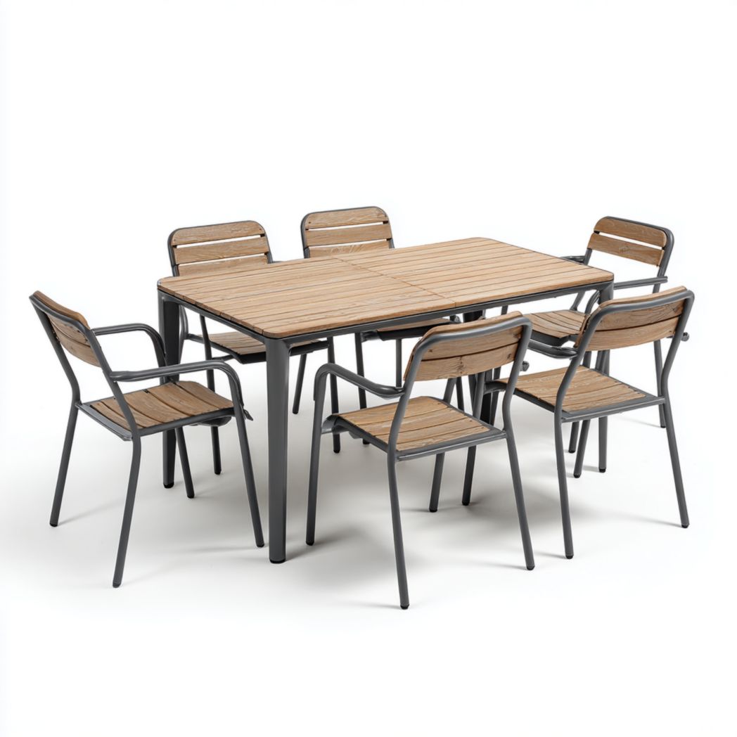 Ensemble de jardin en aluminium gris et bois, 1 table rectangulaire avec 6 chaises sans coussin
