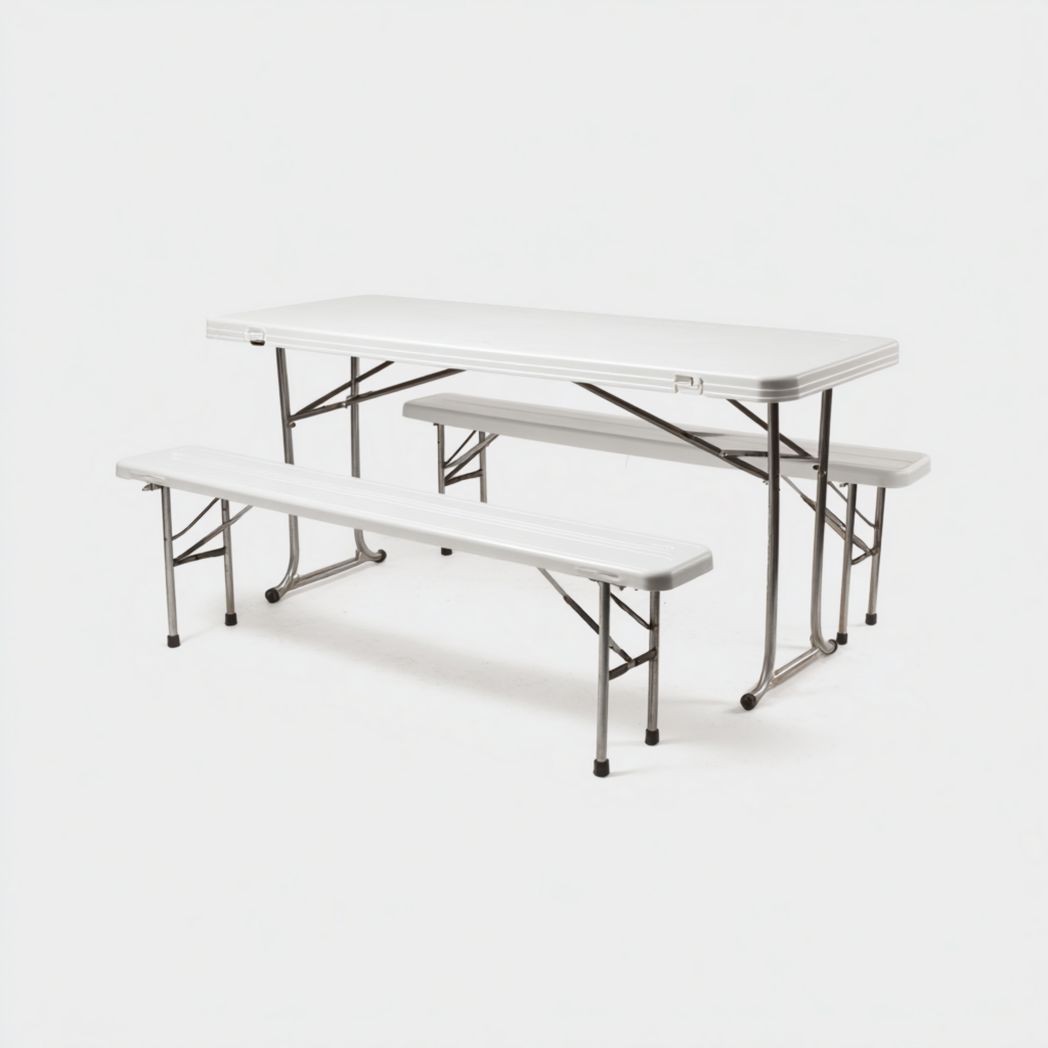 Ensemble de jardin en résine blanche, 1 table rectangulaire pliante avec 2 bancs