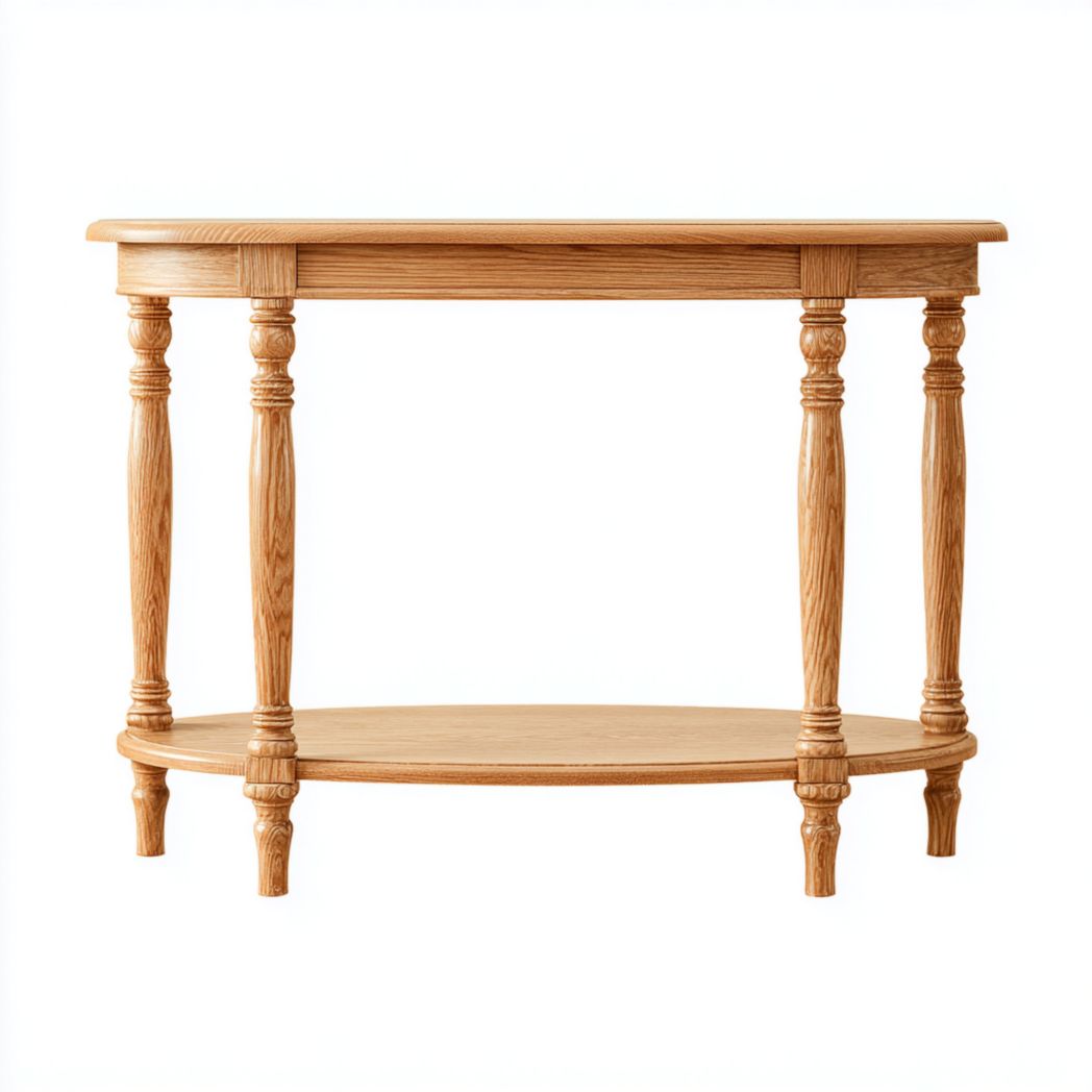 Console semi-circulaire en bois naturel à deux niveaux avec pieds tournés