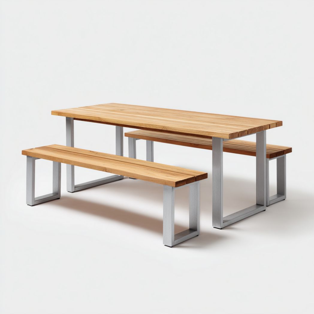 Ensemble de jardin en aluminium, 1 table rectangulaire en bois avec 2 bancs sans coussin