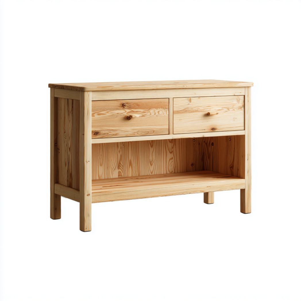 Commode en bois massif couleur naturelle avec deux tiroirs et compartiment ouvert