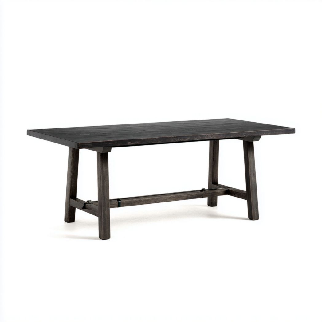 Table de jardin, plateau rectangulaire effet bois foncé + piètement bois avec traverse