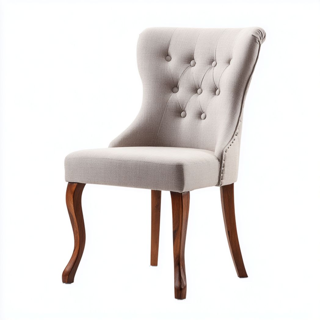 Chaise en bois massif avec dossier haut capitonné en tissu gris beige