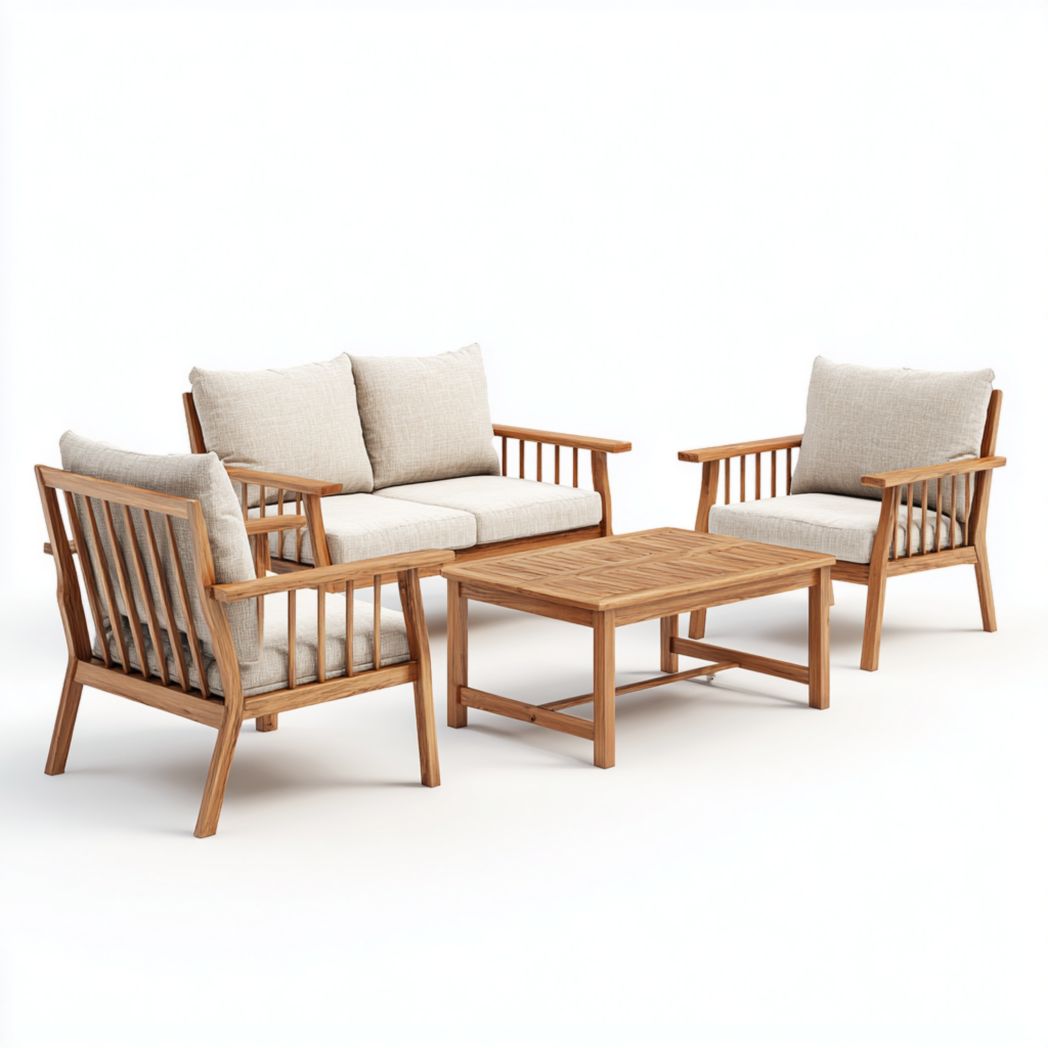 Salon bas de jardin, cadre en bois massif avec coussins beiges, canapé deux places, deux fauteuils et table rectangulaire