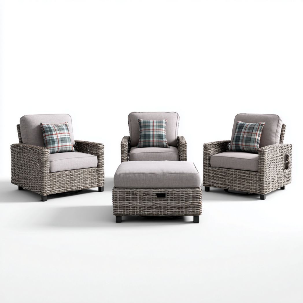 Salon bas de jardin, structure en rotin gris avec coussins gris clair, trois fauteuils et un repose-pieds carré