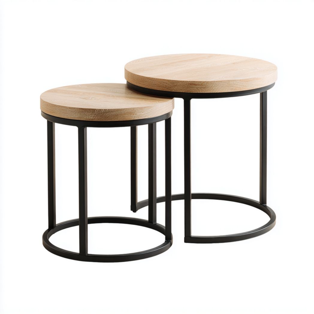 Ensemble de deux tables d’appoint rondes, plateau en bois clair et structure métallique noire