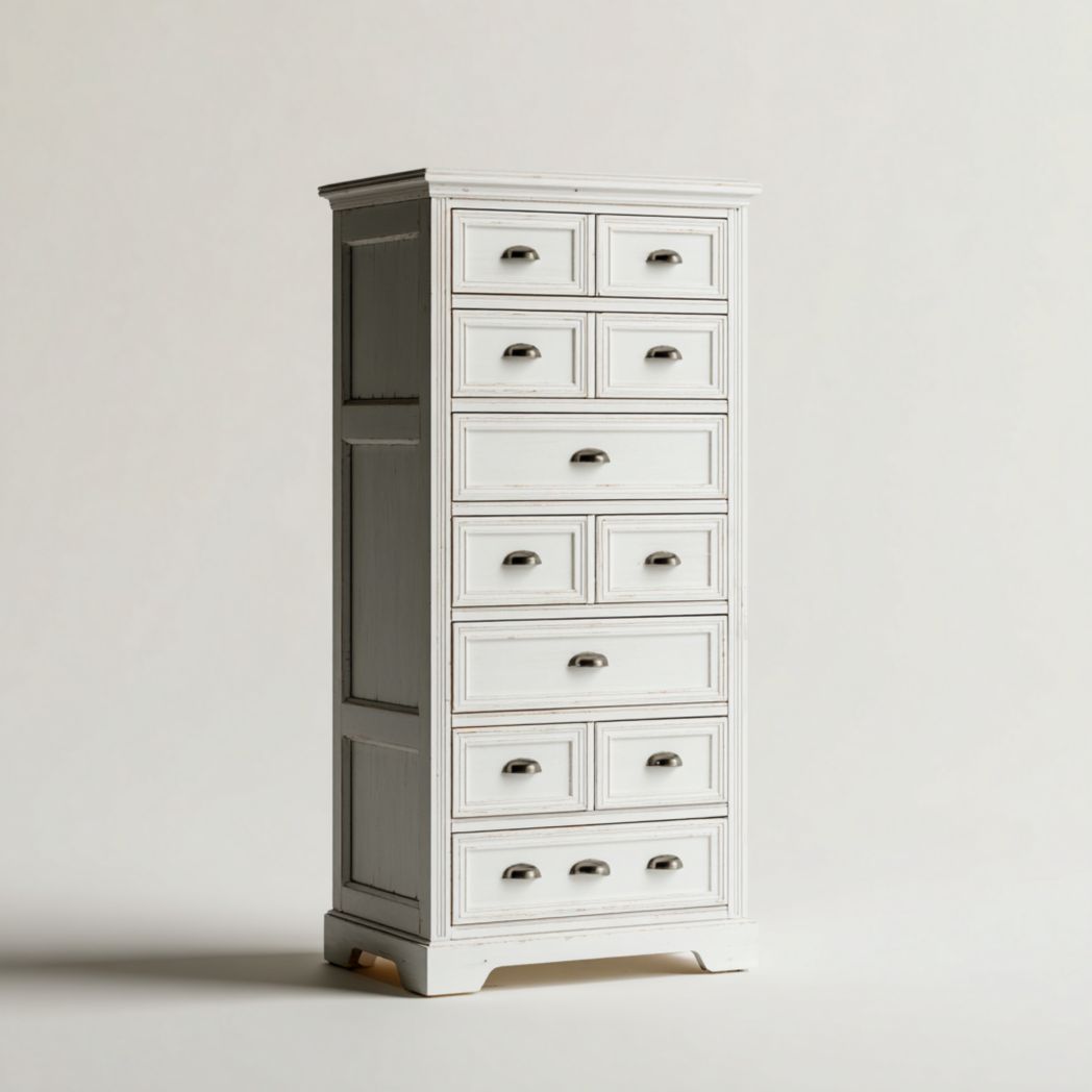 Commode en bois massif, finition blanche, design de meuble haut à onze tiroirs