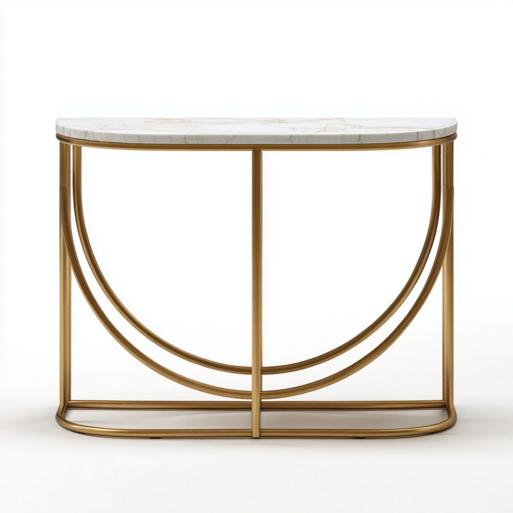 Console demi-ronde en métal doré avec plateau en marbre blanc