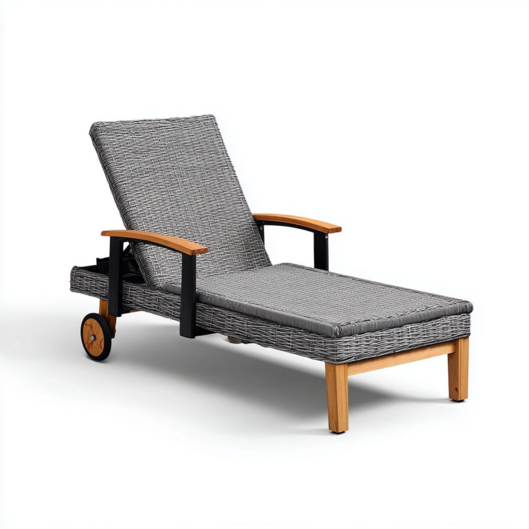 Bain de soleil en rotin, coussin gris avec accoudoirs en bois et roulettes