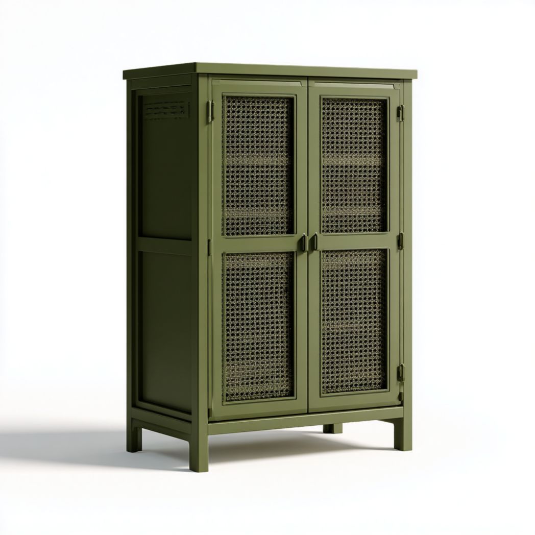 Armoire en bois vert avec portes à inserts en rotin