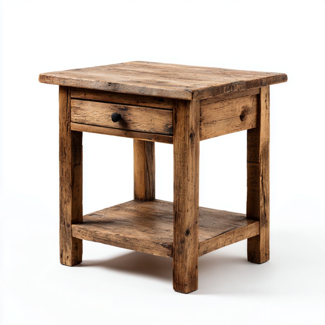 Table d’appoint carrée en bois massif naturel, tiroir et tablette inférieure