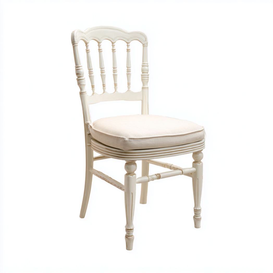 Chaise en bois blanc cassé avec dossier sculpté et assise rembourrée