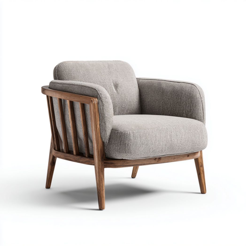 Fauteuil en bois foncé avec assise et dossier rembourrés en tissu gris
