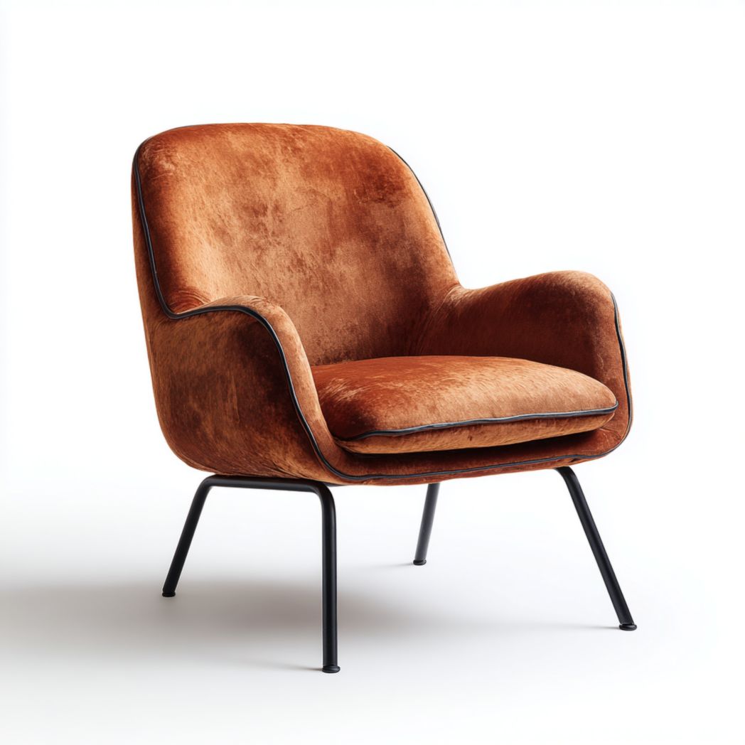 Fauteuil avec assise en velours brun orangé et piètement en métal noir