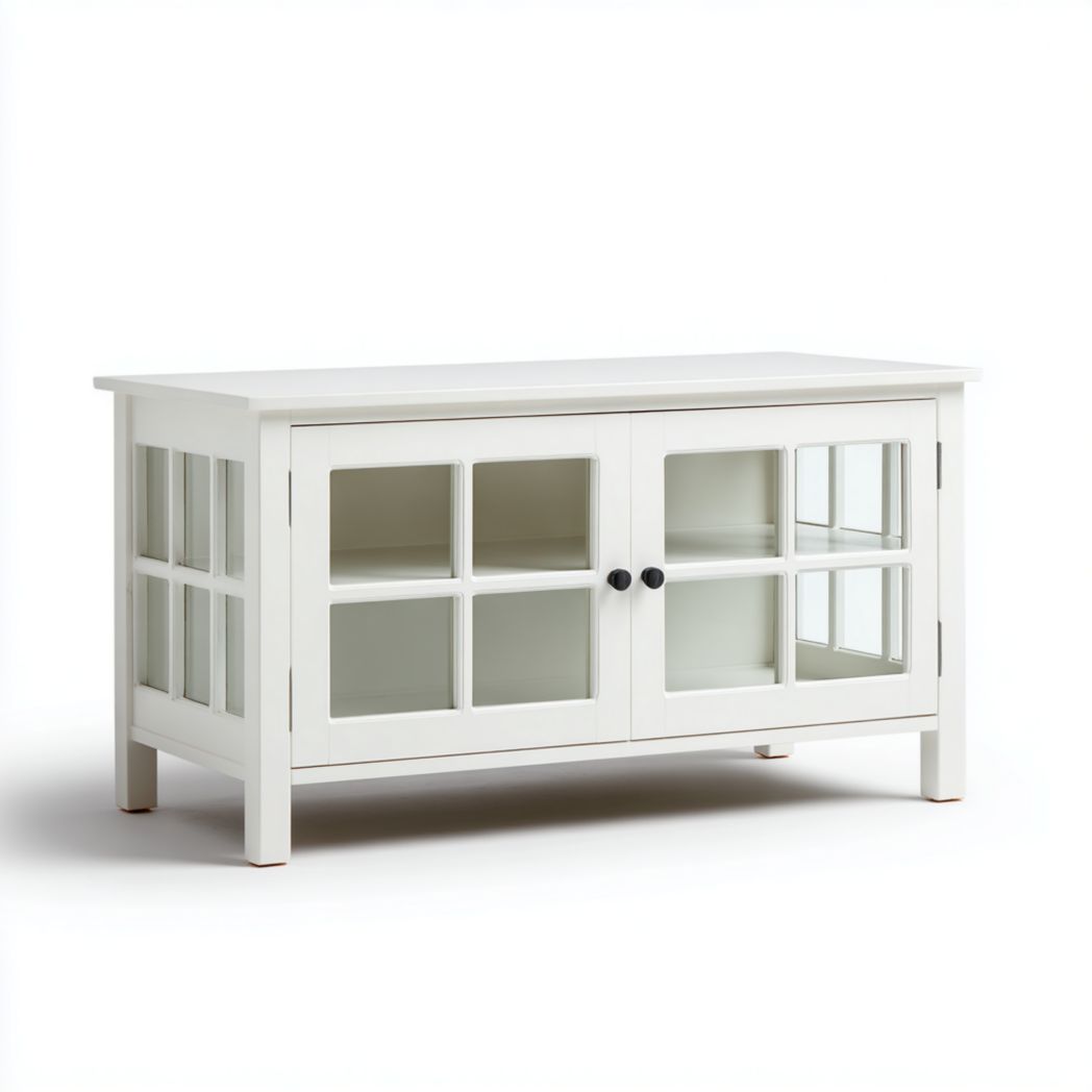 Table basse rectangulaire en bois blanc avec portes vitrées