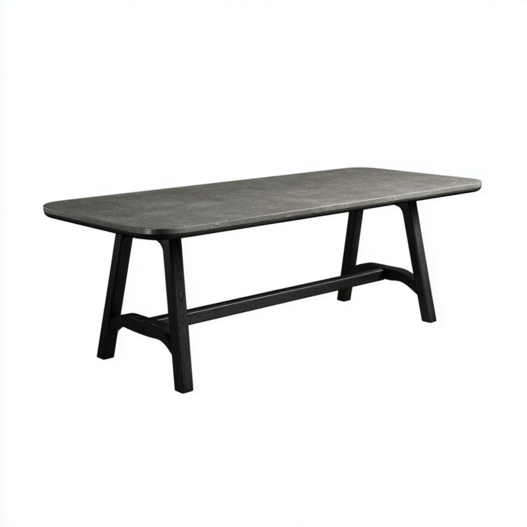 Table de jardin, plateau rectangulaire effet pierre gris foncé + structure en bois noir
