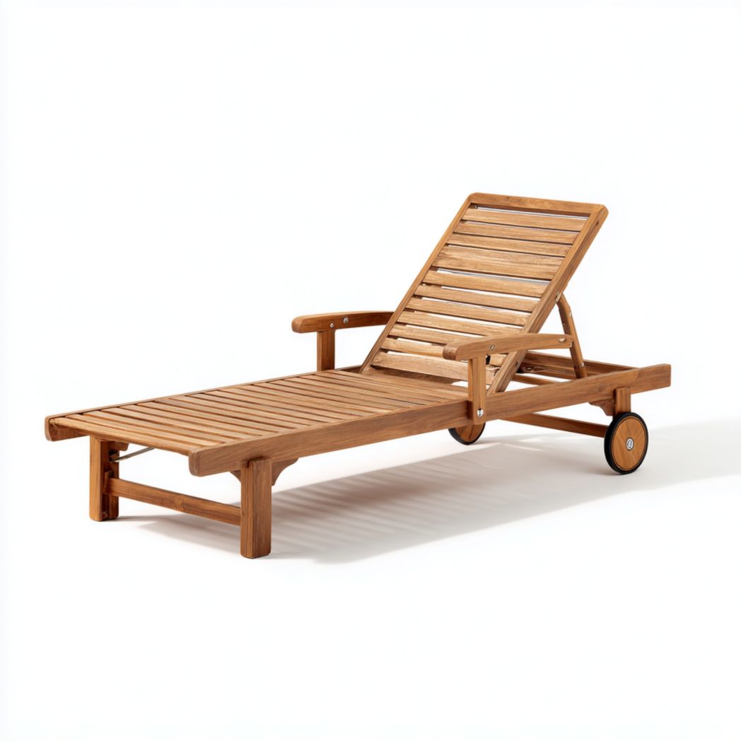 Bain de soleil en bois, structure marron avec accoudoirs et roulettes, dossier réglable, sans coussin