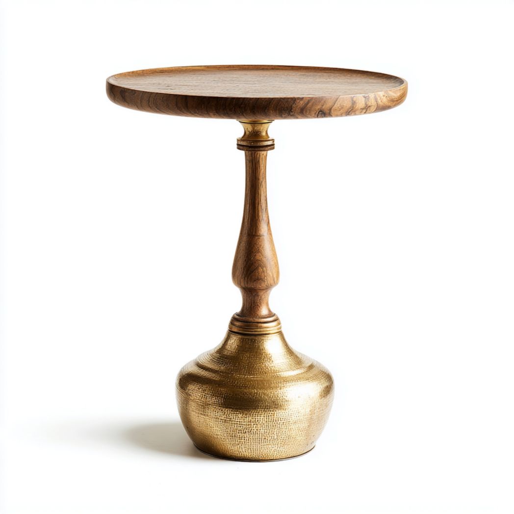 Table d’appoint ronde en bois avec base métallique dorée