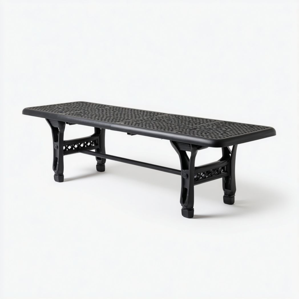 Table de jardin, plateau rectangulaire ajouré en résine noire avec barre de renfort