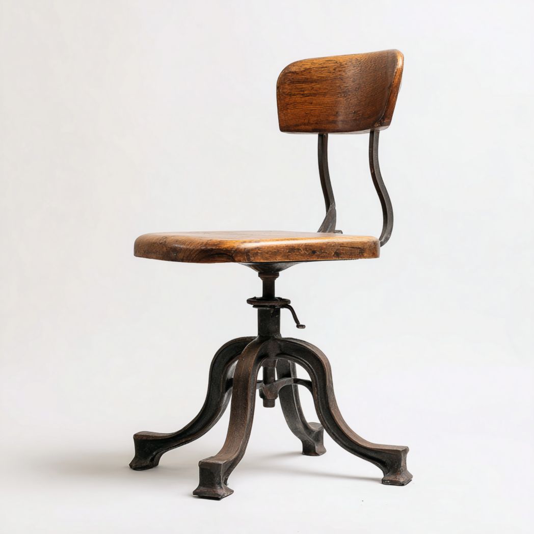 Chaise pivotante en bois et métal avec dossier et base à quatre pieds