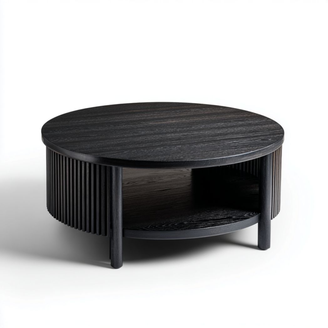 Table basse ronde en bois noir avec compartiment de rangement