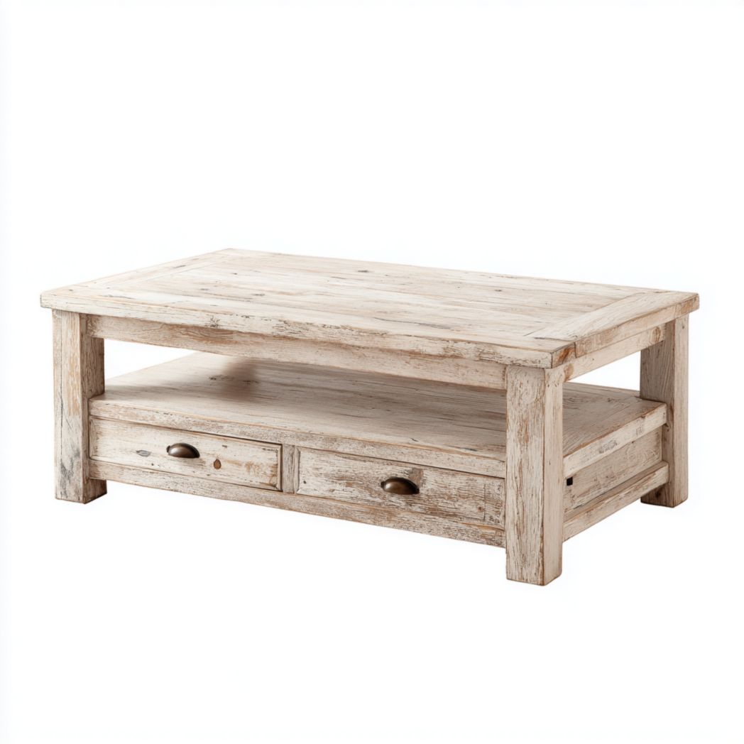 Table basse rectangulaire en bois vieilli avec tiroirs et étagère