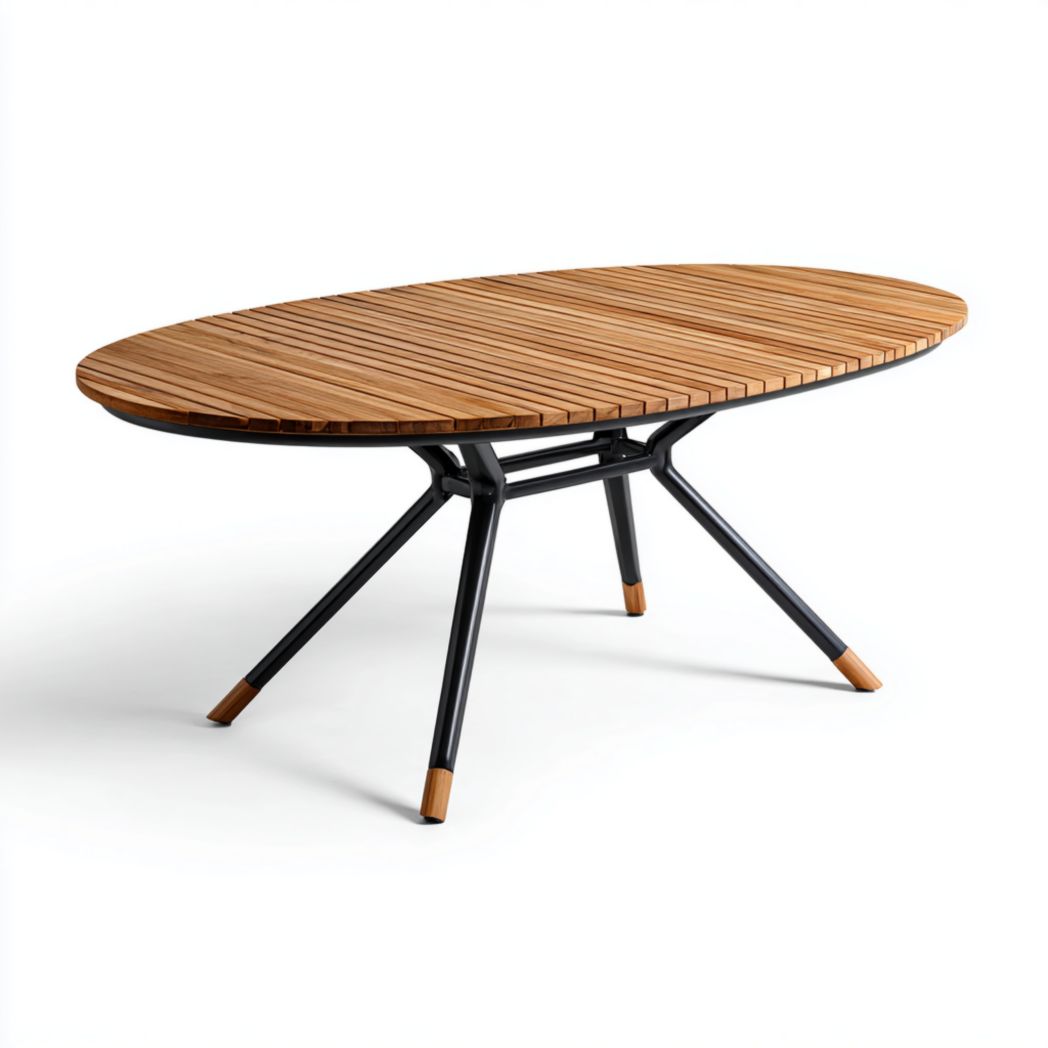 Table de jardin, plateau ovale à lattes en bois brun clair + pieds inclinés en métal noir