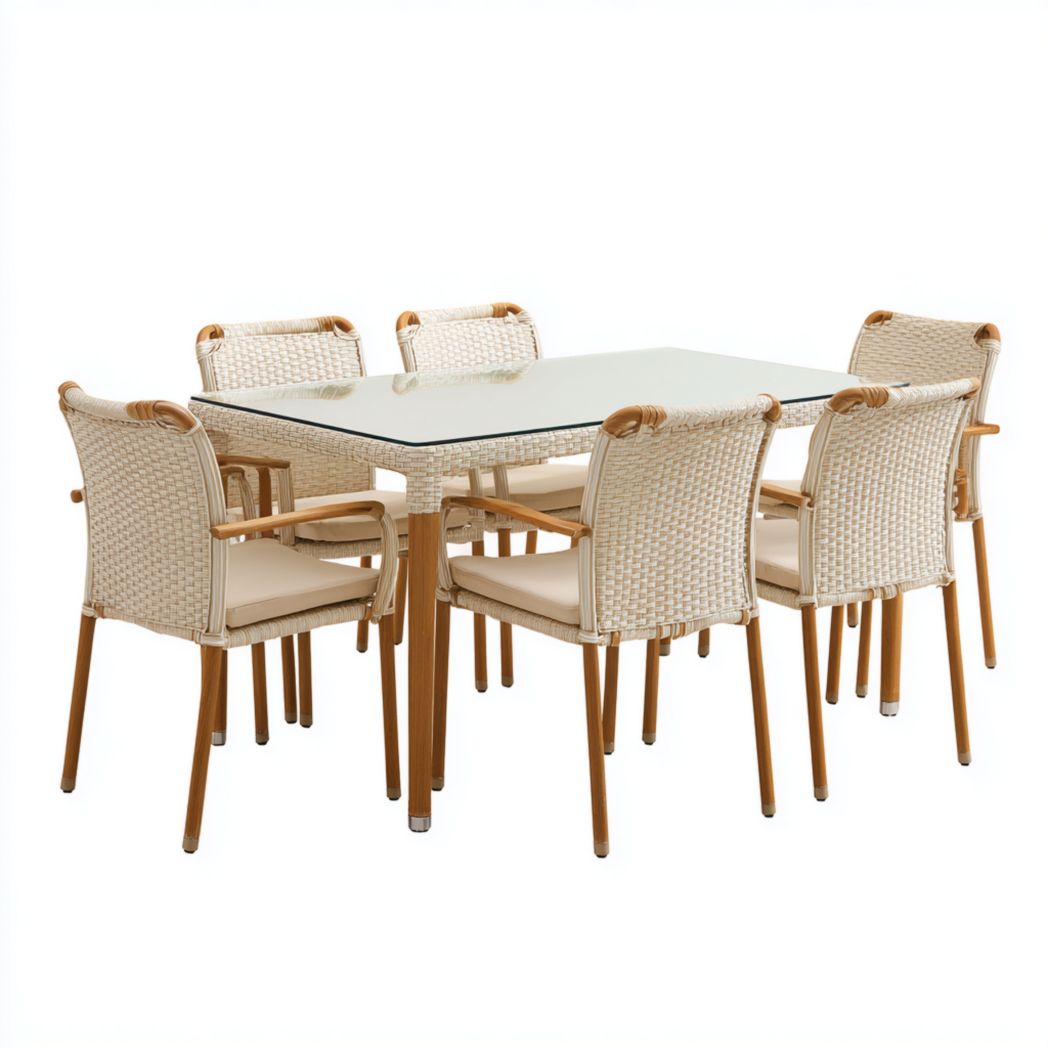 Ensemble de jardin en aluminium beige, 1 table rectangulaire en verre avec 6 chaises avec coussins