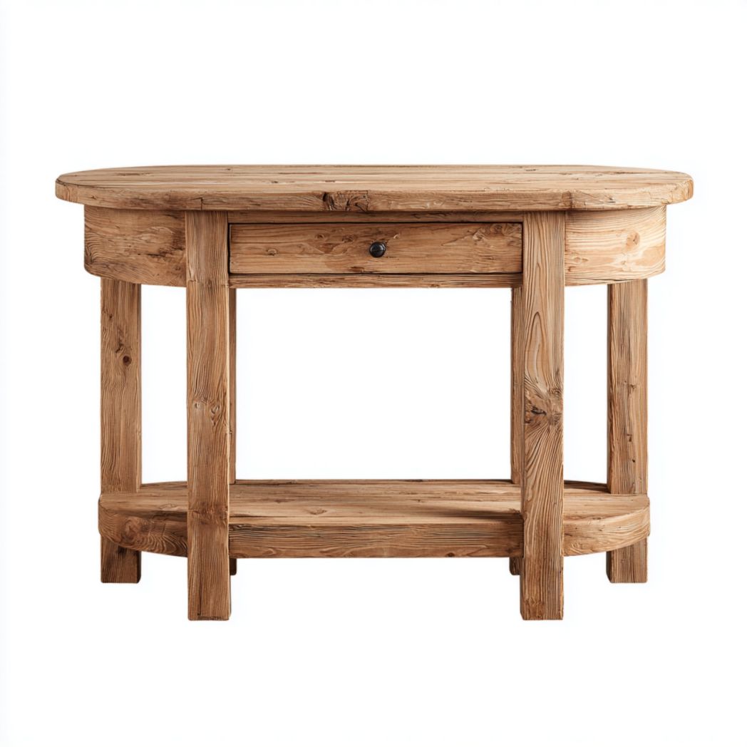 Console en bois massif avec coins ovales, tiroir et étagère inférieure