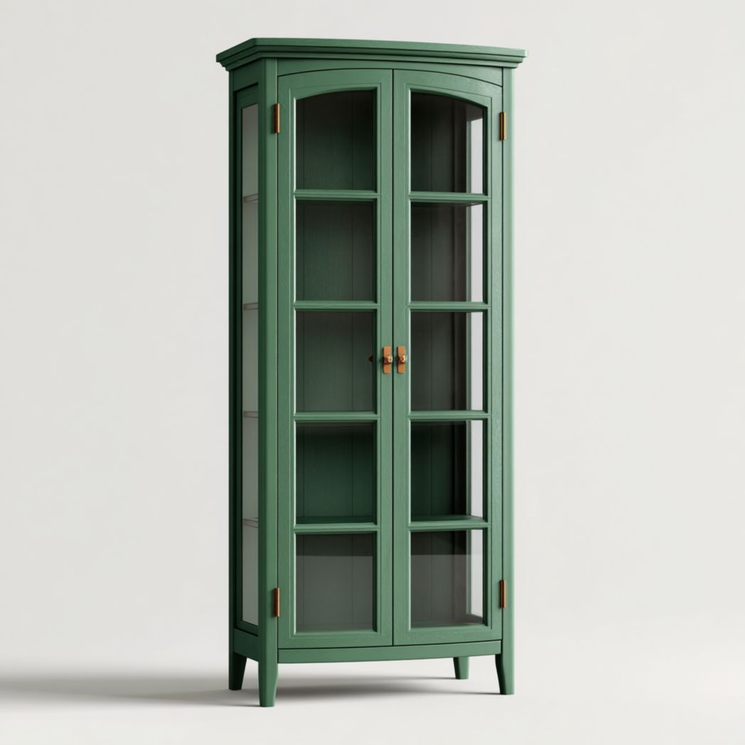 Armoire verticale à deux portes en bois vert et verre avec cinq compartiments de rangement