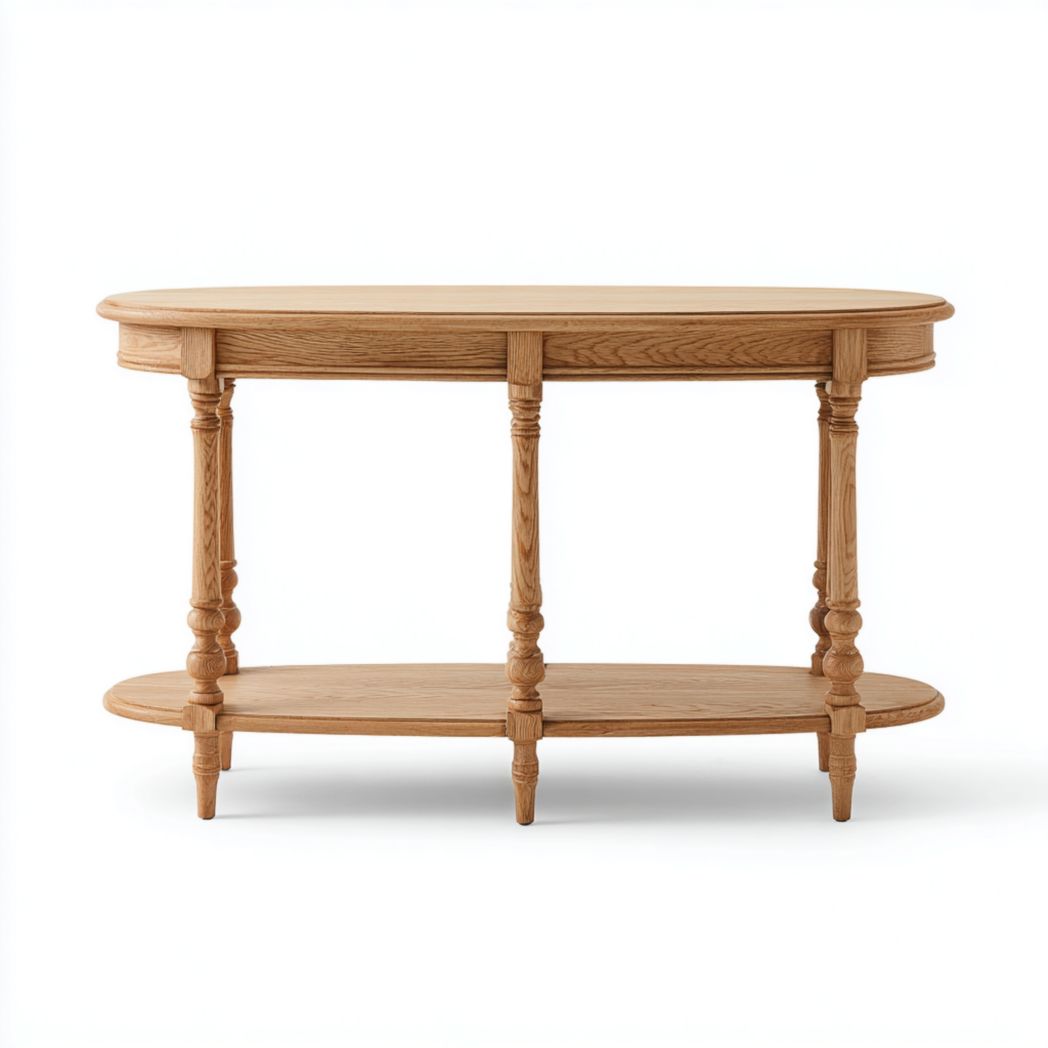 Console ovale en bois clair avec double étagère