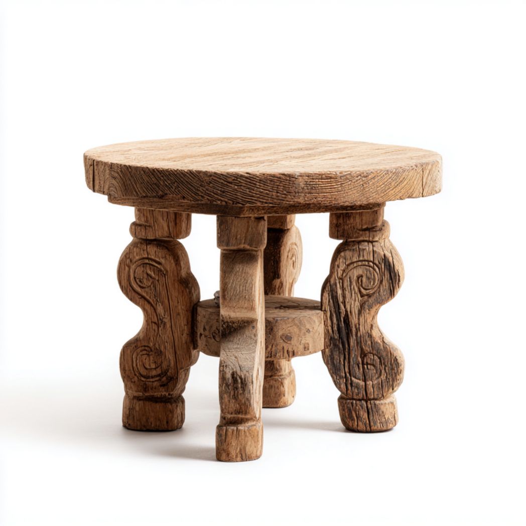 Table d’appoint ronde en bois sculpté avec quatre pieds
