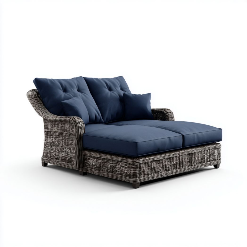 Bain de soleil double en rotin gris avec coussins bleu marine et oreillers