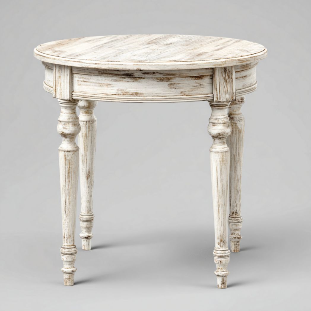 Table d’appoint ronde en bois massif blanc vieilli, pieds tournés sculptés