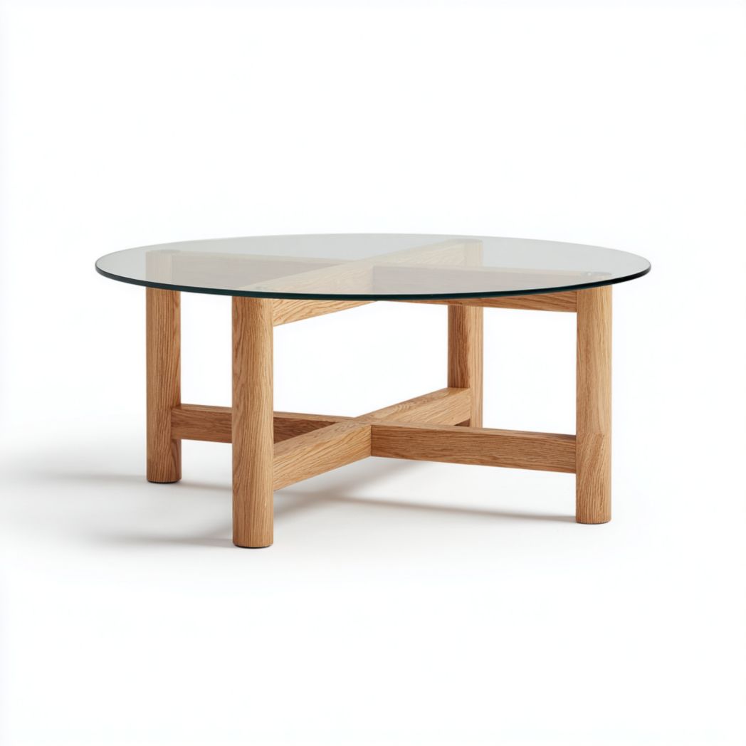 Table basse ronde en bois massif avec plateau en verre