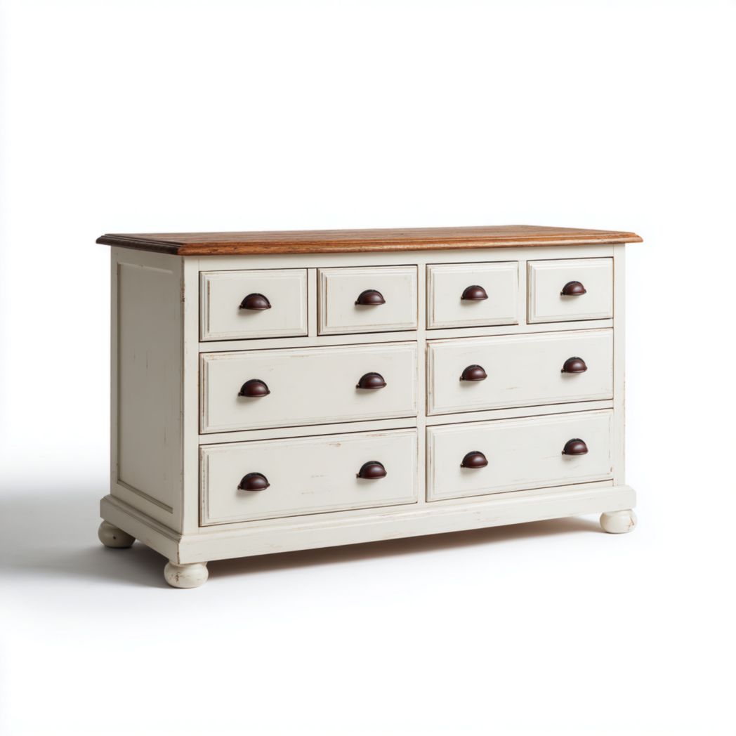 Commode en bois massif blanc cassé avec huit tiroirs et plateau brun