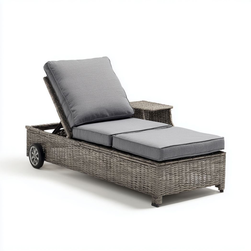 Bain de soleil en rotin avec coussin gris et roulettes